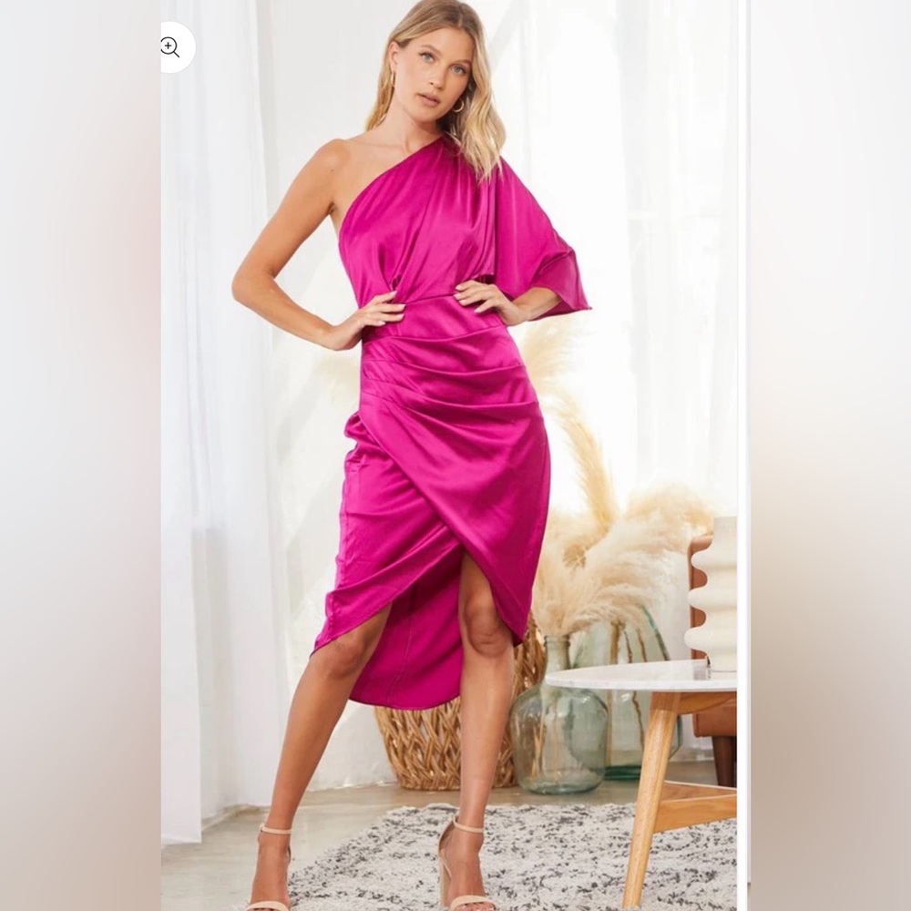 Anrabess One-Shoulder Fuchsia Satin Midi Dress sz M preloved